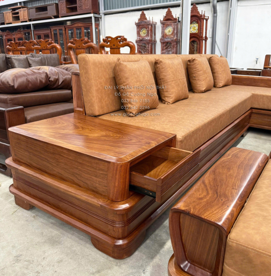 Sofa Gỗ Hương Vàng Góc L Chân Pháo Cao Cấp 3m2x2m15 Mẫu Nệm Da Sáng