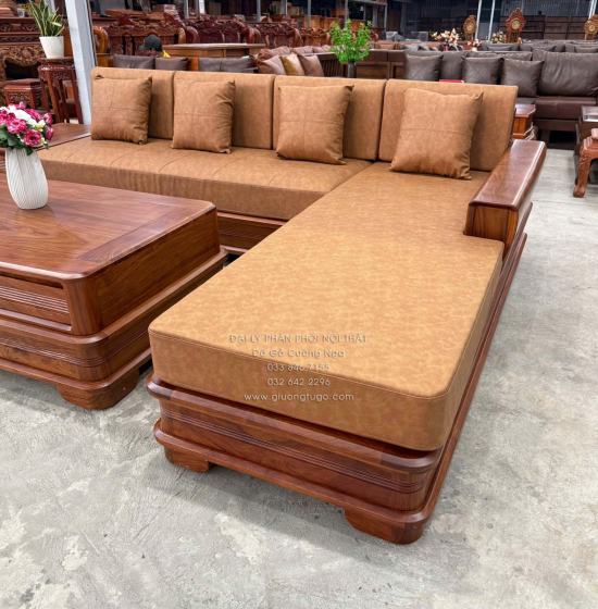 Sofa Gỗ Hương Vàng Góc L Chân Pháo Cao Cấp 3m2x2m15 Mẫu Nệm Da Sáng