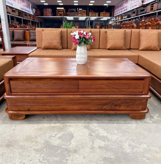 Sofa Gỗ Hương Vàng Góc L Chân Pháo Cao Cấp 3m2x2m15 Mẫu Nệm Da Sáng