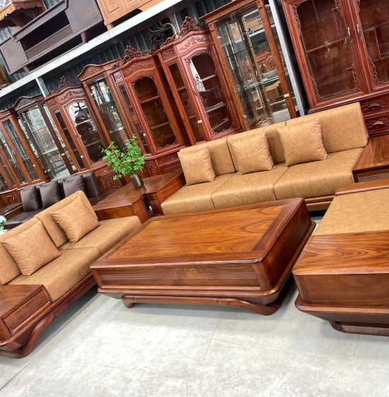 Bộ Sofa Gỗ Hương Vàng 2 Văng Chân Thuyền 3m45x2m75 Cao Cấp