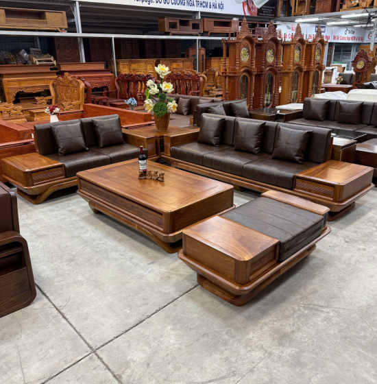 Bộ Sofa Gỗ Hương Vàng 2 Văng Chân Thuyền 3m45x2m75 Cao Cấp