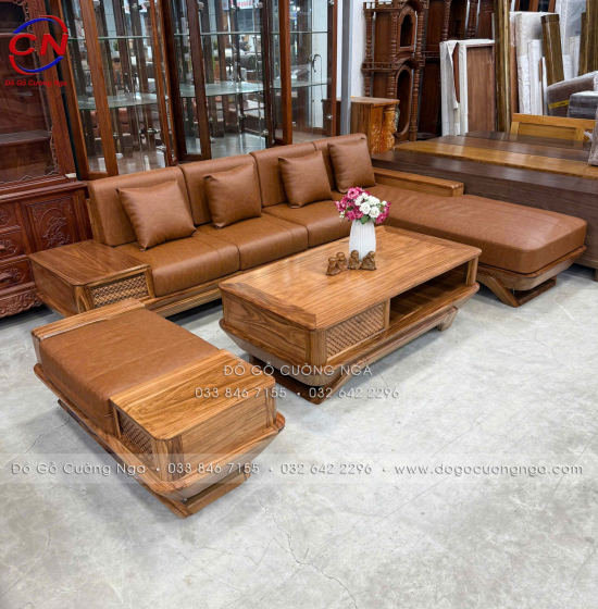 Sofa gỗ hương xám chân thuyền góc L hiện đại 2m85 x 1m95 