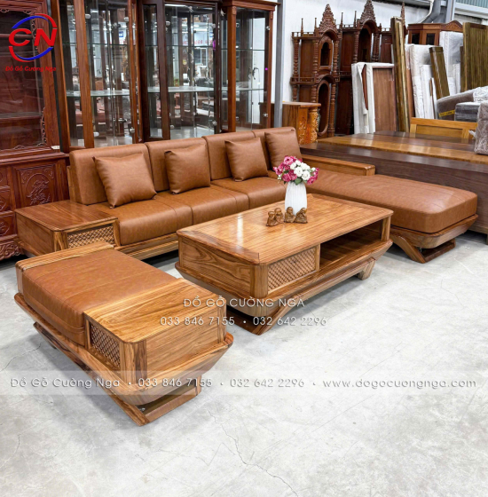 Sofa gỗ hương xám chân thuyền góc L hiện đại 2m85 x 1m95 