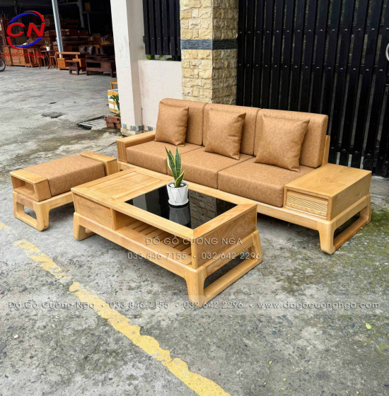 Sofa Văng Gỗ Sồi Màu Tự Nhiên Kèm Nệm 3 Chi Tiết Nhỏ Gọn