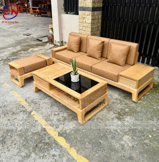 Sofa Văng Gỗ Sồi Màu Tự Nhiên Kèm Nệm 3 Chi Tiết Nhỏ Gọn