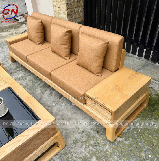 Sofa Văng Gỗ Sồi Màu Tự Nhiên Kèm Nệm 3 Chi Tiết Nhỏ Gọn