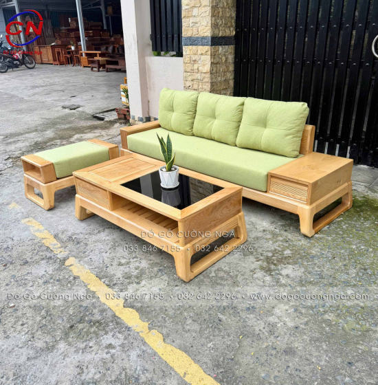 Sofa Văng Gỗ Sồi Màu Tự Nhiên Kèm Nệm 3 Chi Tiết Nhỏ Gọn