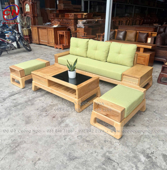 Sofa Văng Gỗ Sồi Màu Tự Nhiên Kèm Nệm 4 Chi Tiết – Gọn, Sáng Và Dễ Bố Trí