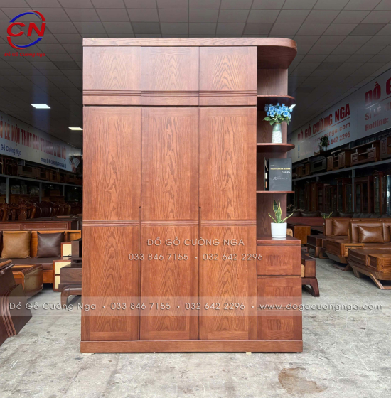Tủ Áo Gỗ Sồi Nga 3 Cánh 2 Tầng Kèm Kệ Trang Trí Lau Màu Óc Chó Hiện Đại