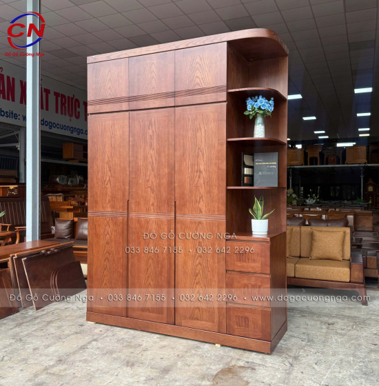 Tủ Áo Gỗ Sồi Nga 3 Cánh 2 Tầng Kèm Kệ Trang Trí Lau Màu Óc Chó Hiện Đại