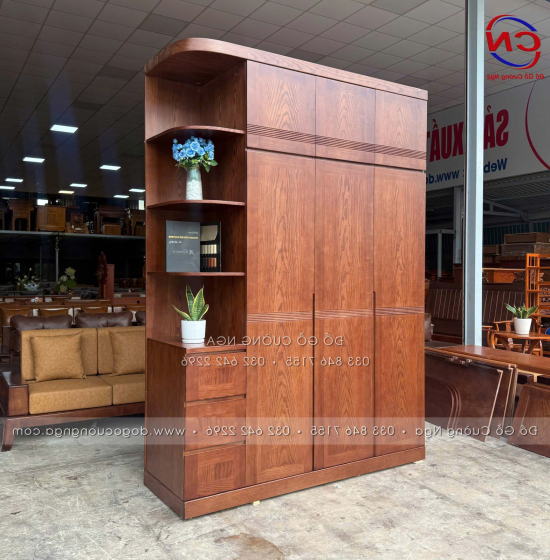 Tủ Áo Gỗ Sồi Nga 3 Cánh 2 Tầng Kèm Kệ Trang Trí Lau Màu Óc Chó Hiện Đại