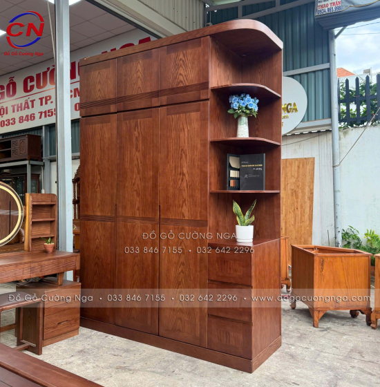 Tủ Áo Gỗ Sồi Nga 3 Cánh 2 Tầng Kèm Kệ Trang Trí Lau Màu Óc Chó Hiện Đại