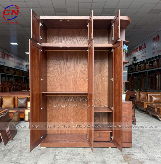 Tủ Áo Gỗ Sồi Nga 3 Cánh 2 Tầng Kèm Kệ Trang Trí Lau Màu Óc Chó Hiện Đại
