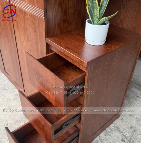 Tủ Áo Gỗ Sồi Nga Lau Màu Óc Chó 4 Cánh 2 Tầng Kèm Kệ Trang Trí Sang Trọng