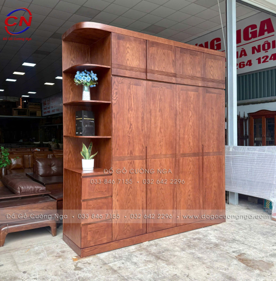 Tủ Áo Gỗ Sồi Nga Lau Màu Óc Chó 4 Cánh 2 Tầng Kèm Kệ Trang Trí Sang Trọng