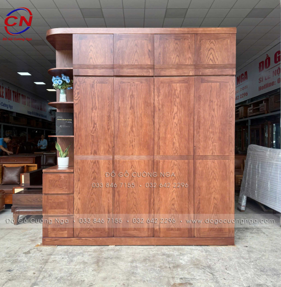 Tủ Áo Gỗ Sồi Nga Lau Màu Óc Chó 4 Cánh 2 Tầng Kèm Kệ Trang Trí Sang Trọng