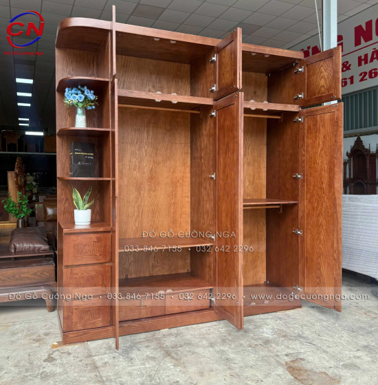 Tủ Áo Gỗ Sồi Nga Lau Màu Óc Chó 4 Cánh 2 Tầng Kèm Kệ Trang Trí Sang Trọng