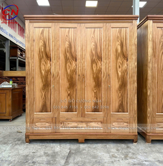 Tủ Quần Áo Gỗ Hương Xám 4 Cánh Mẫu Trơn 1m92