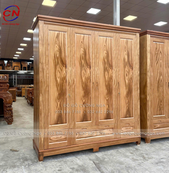 Tủ Quần Áo Gỗ Hương Xám 4 Cánh Mẫu Trơn 1m92
