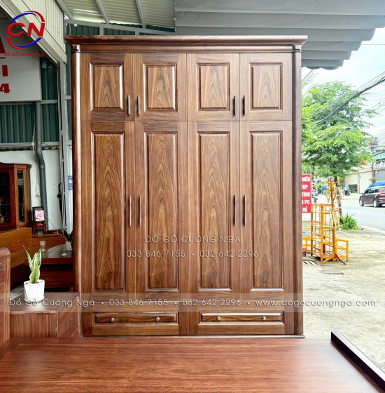 Tủ Áo Gỗ Óc Chó 4 Cánh 2 Tầng Nhiều Không Gian Cất Đồ