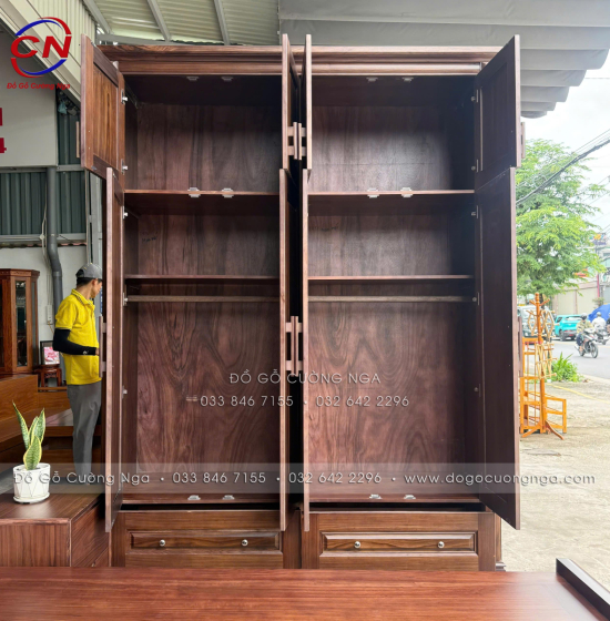 Tủ Áo Gỗ Óc Chó 4 Cánh 2 Tầng Nhiều Không Gian Cất Đồ