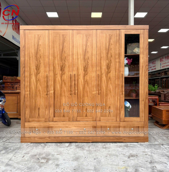 Tủ Quần Áo Gỗ Hương Xám 5 Cánh Hiện Đại Có Cánh Kính
