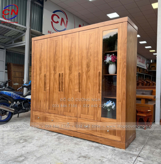 Tủ Quần Áo Gỗ Hương Xám 5 Cánh Hiện Đại Có Cánh Kính