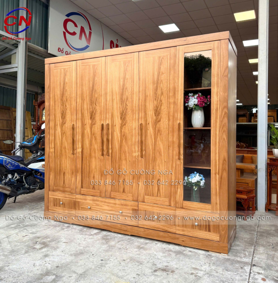 Tủ Quần Áo Gỗ Hương Xám 5 Cánh Hiện Đại Có Cánh Kính