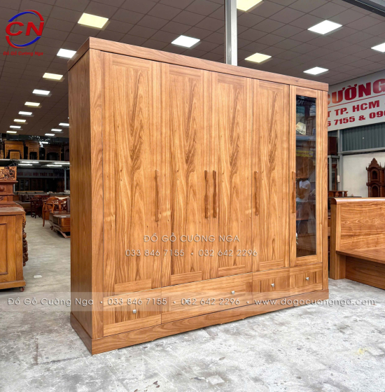Tủ Quần Áo Gỗ Hương Xám 5 Cánh Hiện Đại Có Cánh Kính