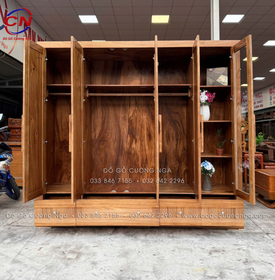 Tủ Quần Áo Gỗ Hương Xám 5 Cánh Hiện Đại Có Cánh Kính