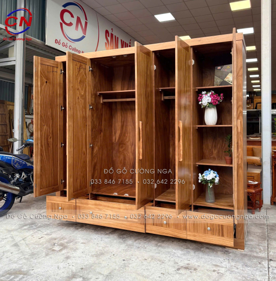 Tủ Quần Áo Gỗ Hương Xám 5 Cánh Hiện Đại Có Cánh Kính