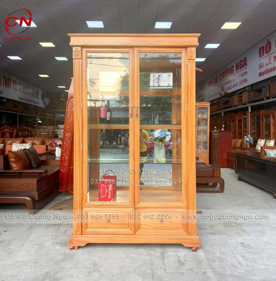 Tủ Rượu Gỗ Gõ Đỏ 1m2 Thiết Kế 2 Cánh Kính Sang Trọng