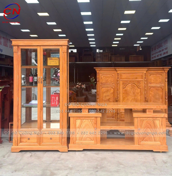Tủ Rượu Gỗ Gõ Đỏ 1m2 Thiết Kế 2 Cánh Kính Sang Trọng