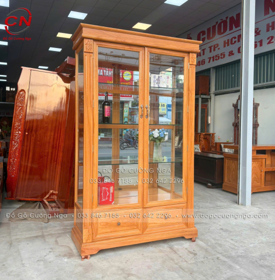 Tủ Rượu Gỗ Gõ Đỏ 1m2 Thiết Kế 2 Cánh Kính Sang Trọng