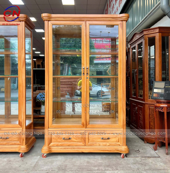 Tủ Rượu - Tủ Ly Gỗ Gõ Đỏ 1m25 Cánh Mở Kính Kết Hợp Hiện Đại Và Tân Cổ Điển