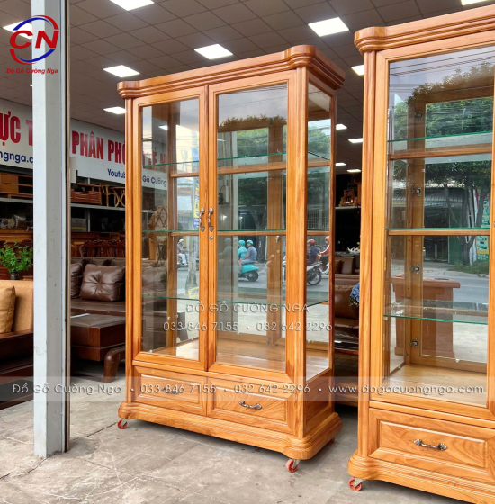 Tủ Rượu - Tủ Ly Gỗ Gõ Đỏ 1m25 Cánh Mở Kính Kết Hợp Hiện Đại Và Tân Cổ Điển