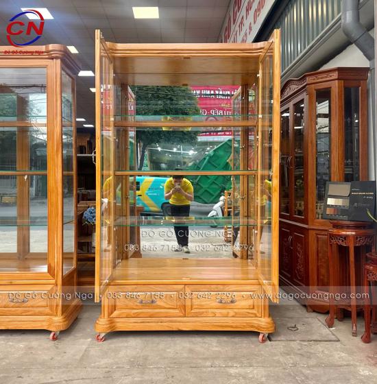 Tủ Rượu - Tủ Ly Gỗ Gõ Đỏ 1m25 Cánh Mở Kính Kết Hợp Hiện Đại Và Tân Cổ Điển