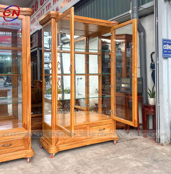 Tủ Rượu - Tủ Ly Gỗ Gõ Đỏ 1m25 Cánh Mở Kính Kết Hợp Hiện Đại Và Tân Cổ Điển