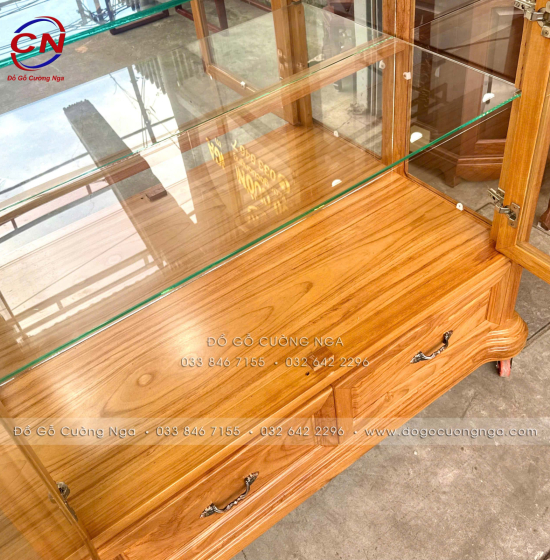 Tủ Rượu - Tủ Ly Gỗ Gõ Đỏ 1m25 Cánh Mở Kính Kết Hợp Hiện Đại Và Tân Cổ Điển