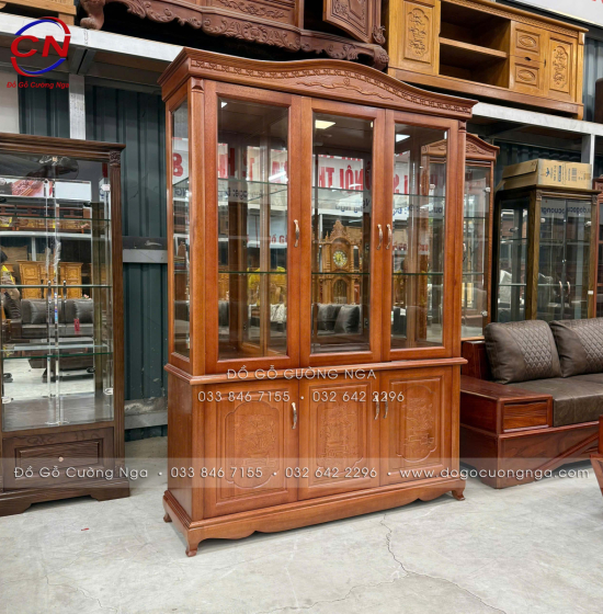 Tủ rượu gỗ Xoan Đào cao cấp 1m45 - phào cong TG 024