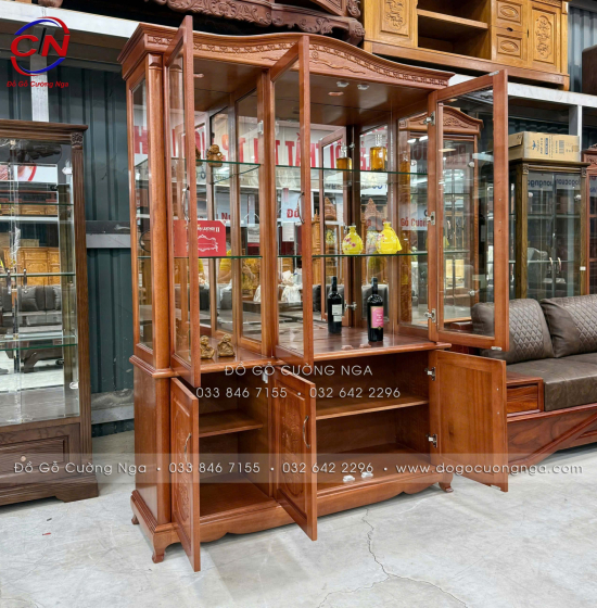 Tủ rượu gỗ Xoan Đào cao cấp 1m45 - phào cong TG 024