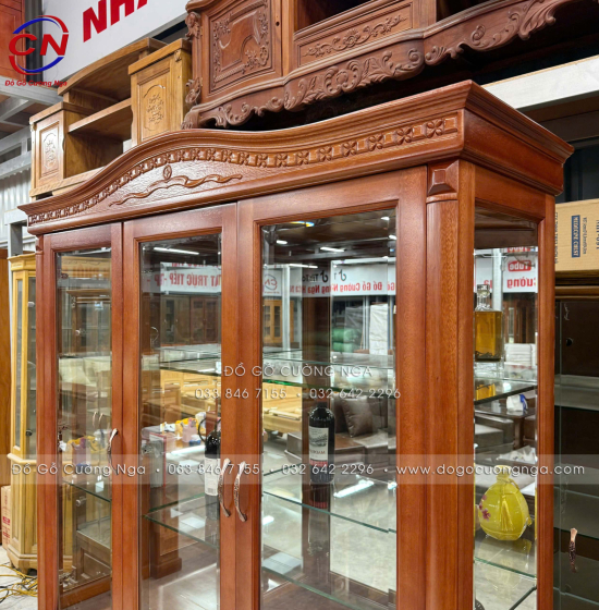 Tủ rượu gỗ Xoan Đào cao cấp 1m45 - phào cong TG 024