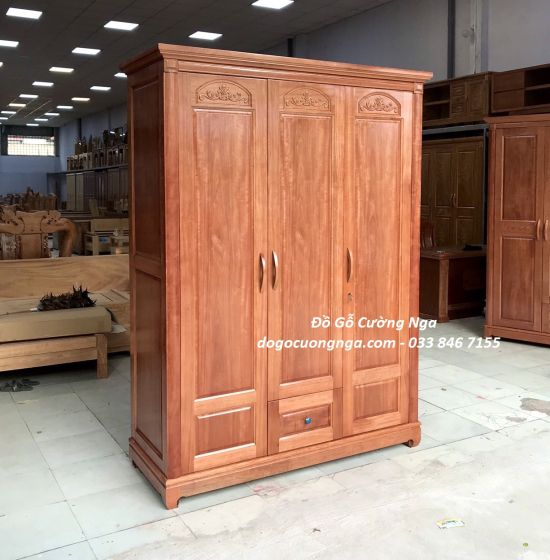 Tủ quần áo gỗ xoan đào 3 cánh giá rẻ - mẫu vòm 