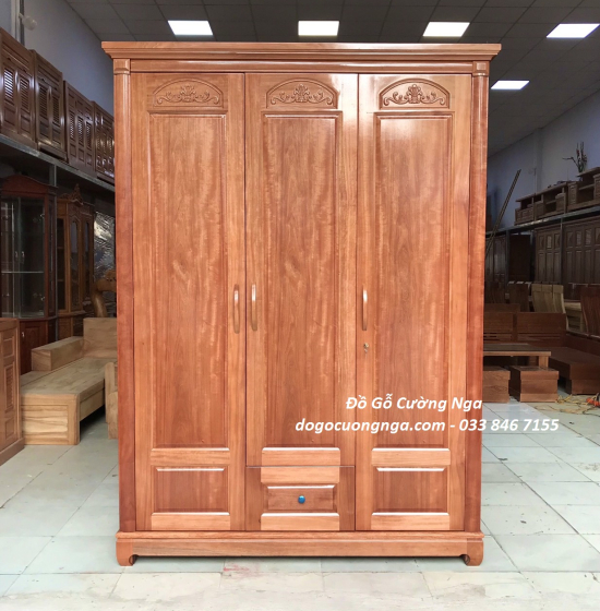 Tủ quần áo gỗ xoan đào 3 cánh giá rẻ - mẫu vòm 