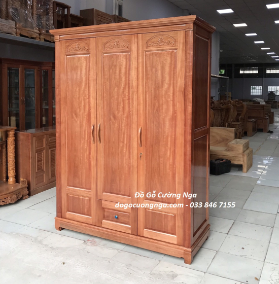 Tủ quần áo gỗ xoan đào 3 cánh giá rẻ - mẫu vòm 