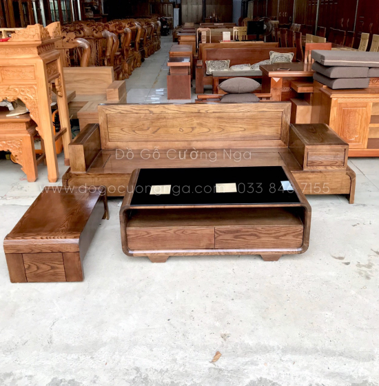 Bộ Bàn Ghế Sofa Văng Cuốn Gỗ Sồi Nga 2m3 - Lau Màu Óc Chó Kèm Nệm 