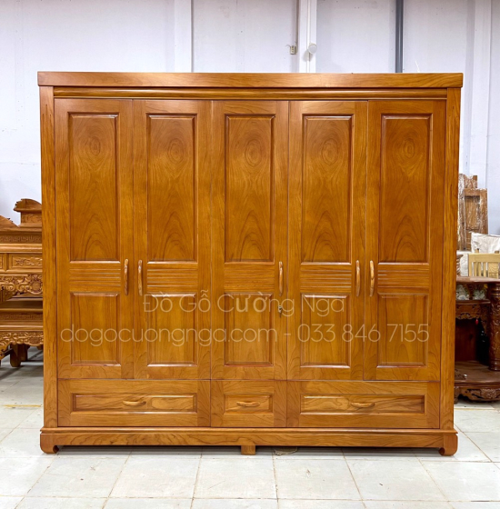 Tủ Quần Áo Gỗ Gõ Đỏ Hiện Đại 5 Cánh Sang Trọng 