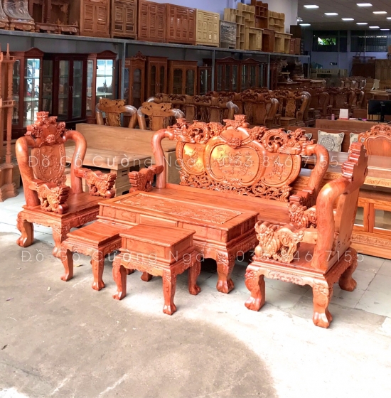 Bộ bàn ghế slaon gỗ hương đá cột 12 - nghê phượng 