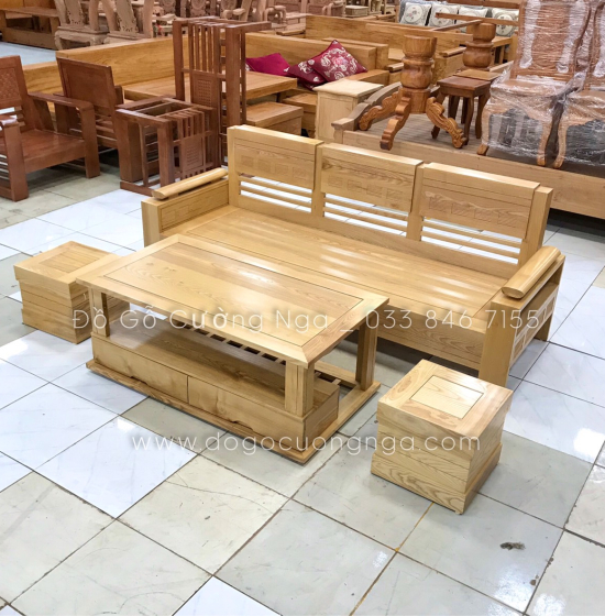 Bàn Ghế Sofa Gỗ Sồi Nga 2mx1m8 Góc L Tay Trứng - Màu Tự Nhiên 