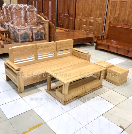 Bàn Ghế Sofa Gỗ Sồi Nga 2mx1m8 Góc L Tay Trứng - Màu Tự Nhiên 